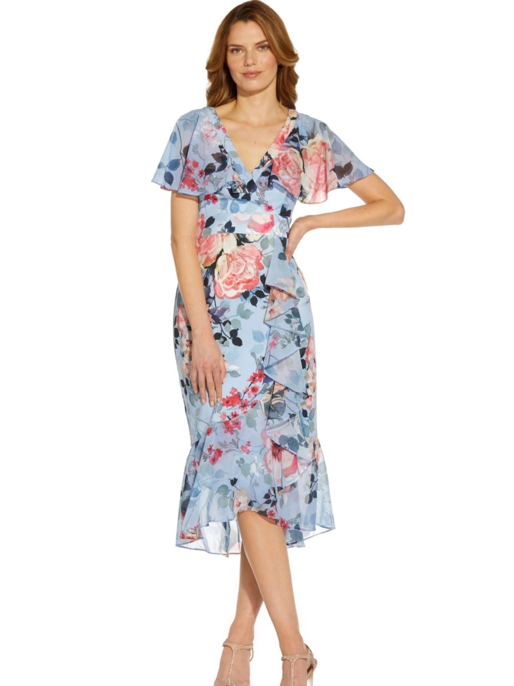 Adrianna Papell Light Blue Floral Faux Wrap Midi Dress